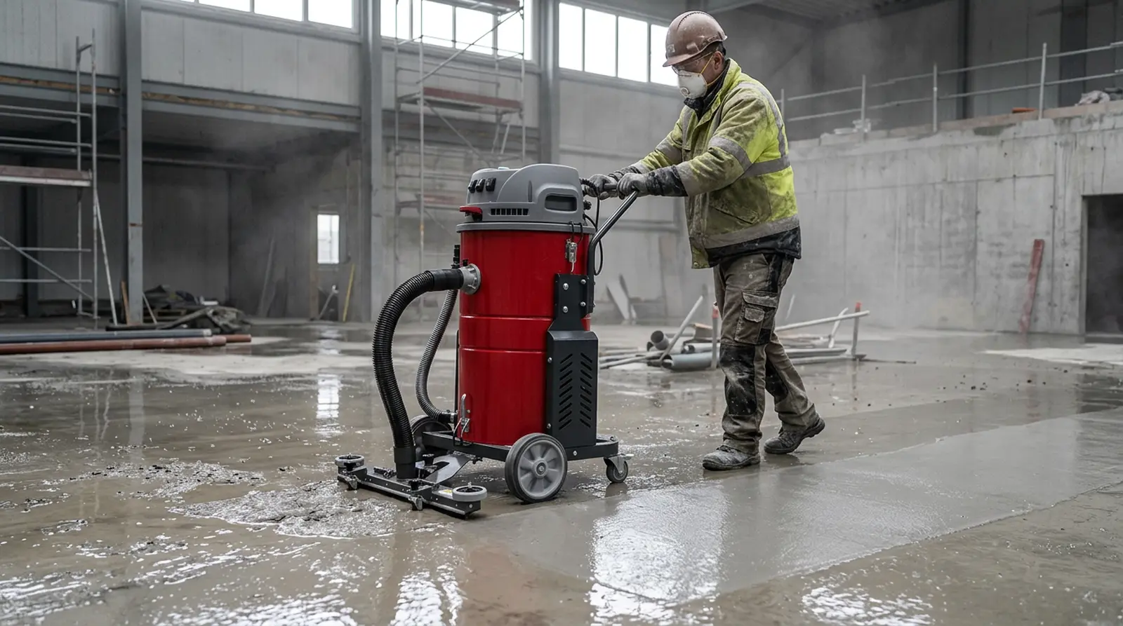 Operator pushing a Toolsa wet vacuum with the front-mounted squeegee clearing concrete slurry off a wet slab