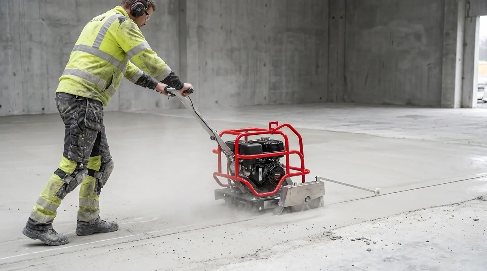 Operator prowadzi przecinarkę do świeżego betonu Toolsa TAS 150 wzdłuż wytyczonej linii, nacinając rowek dylatacyjny