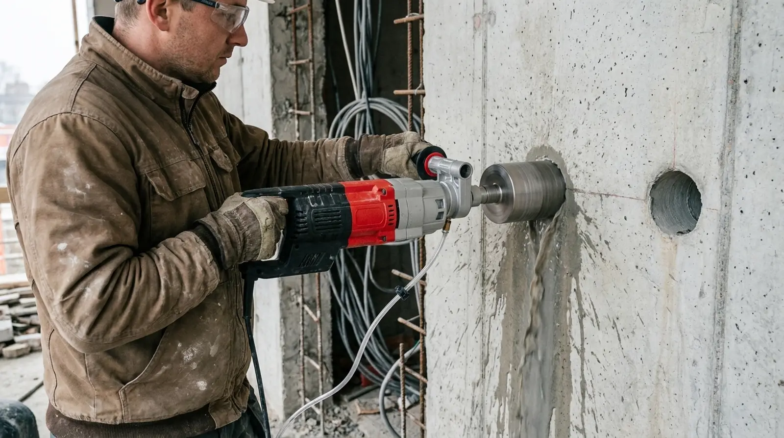 Operator drilling a core hole through a reinforced concrete wall with a handheld Toolsa core drill, water feed running