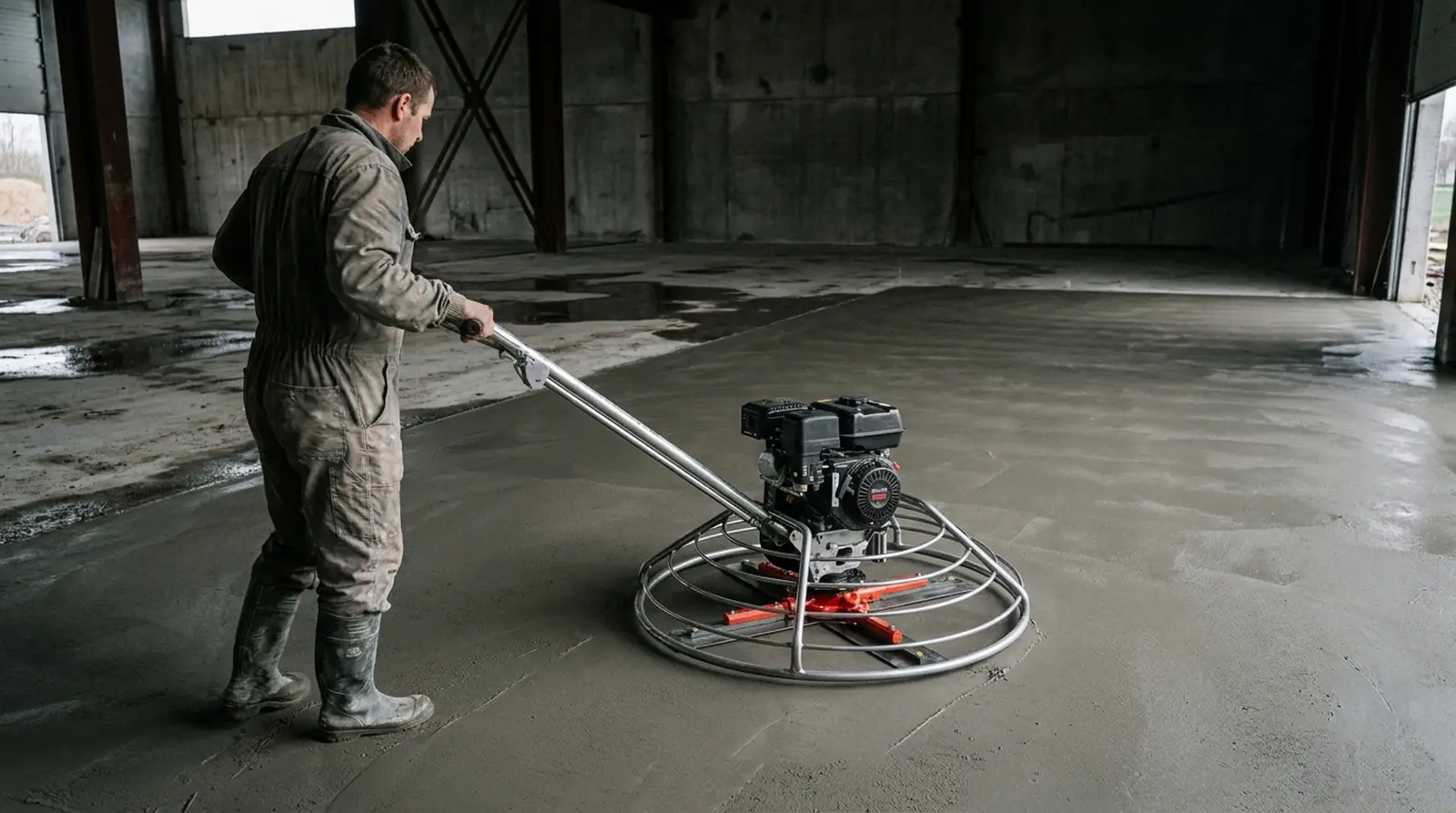 Operator running a Toolsa walk-behind power trowel across a fresh concrete slab during the trowelling stage